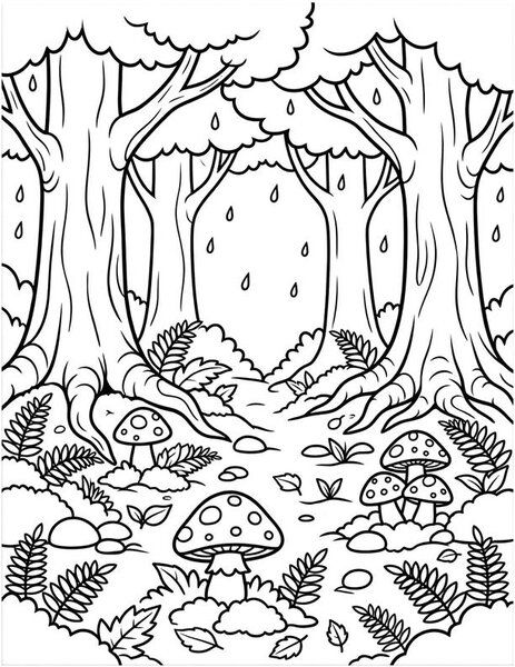 Mushroom Floor coloring page: Mushrooms dot the forest floor.
