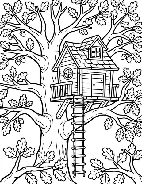 Treehouse coloring page: A treehouse hides in the branches.