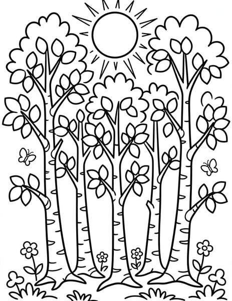 Birch Stand coloring page: Pale birches glow in the sun.