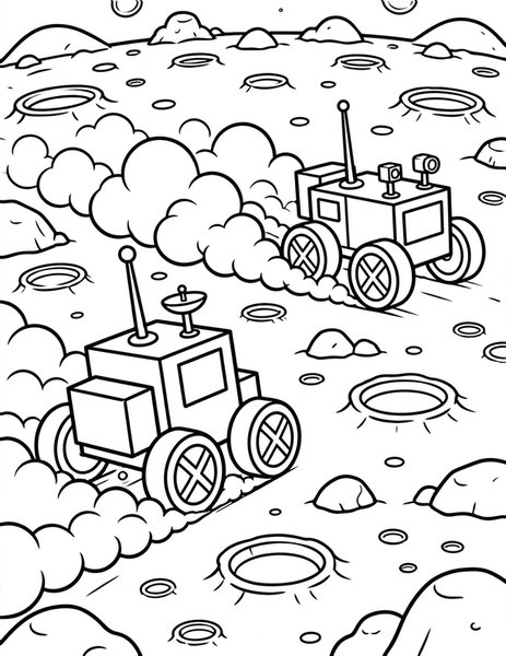 Moon Rover Race coloring page: Two moon rovers zoom across craters in a dusty race.