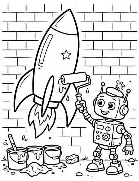 Robot Painter coloring page: A robot paints a giant mural of a rocket on a wall.