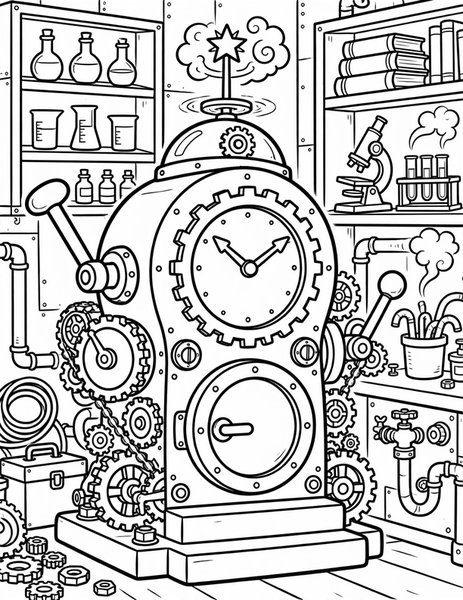 Time Machine coloring page: A wacky time machine with dials sits ready for adventure.