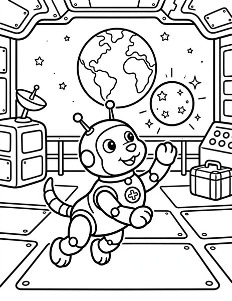 Space Pup coloring page: A robot dog fetches a glowing ball on a space station deck.