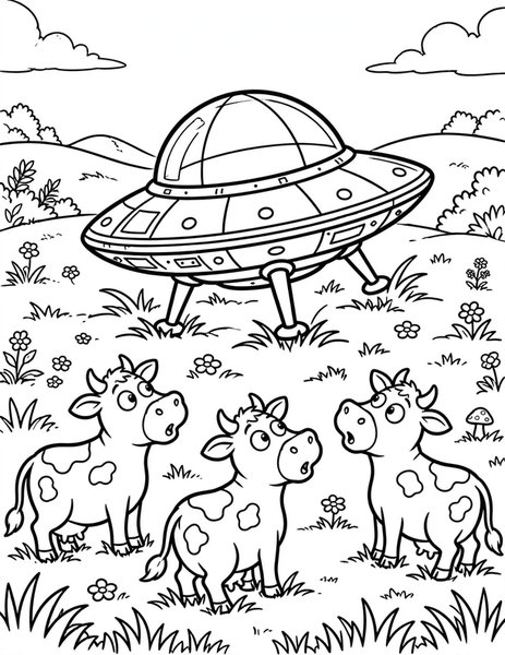 UFO Landing coloring page: A flying saucer lands in a meadow as cows watch curiously.