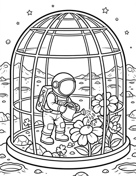 Astronaut Garden coloring page: An astronaut waters giant flowers inside a glass dome.