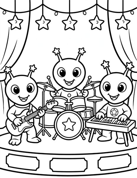 Alien Band coloring page: Three aliens rock out on guitar, drums, and keyboard.