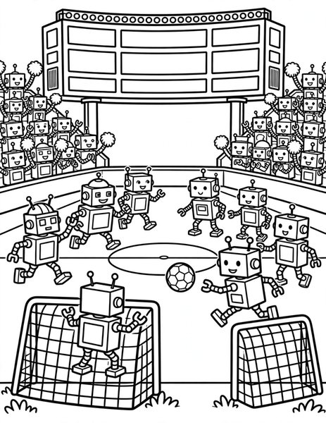 Robot Soccer coloring page: Robots face off in a championship soccer match.