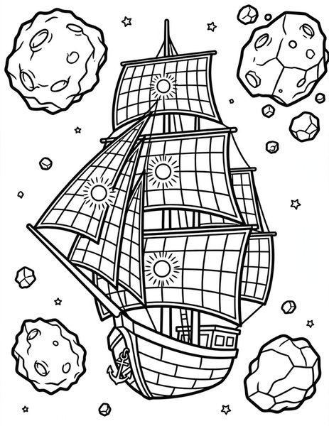 Star Sailor coloring page: A sailing ship with solar sails glides between asteroids.