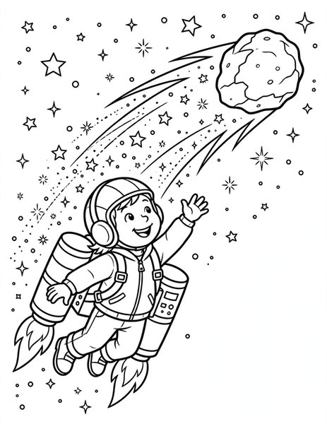 Comet Catcher coloring page: A kid in a jetpack chases a sparkling comet.