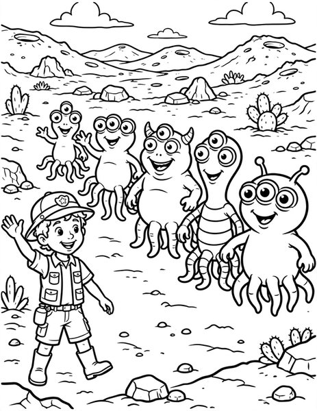 Space Zoo coloring page: Alien animals parade past a young zookeeper on Mars.