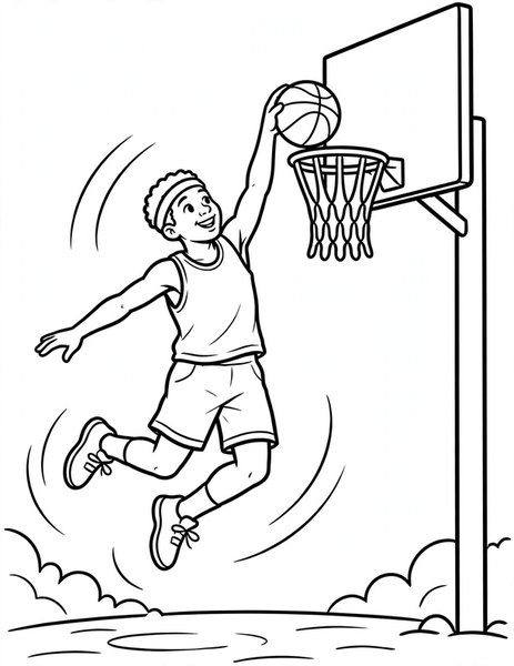 Slam Dunk coloring page: A player soars for a slam dunk.