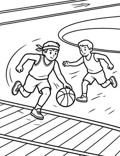 Fast Dribble coloring page: A guard dribbles past a defender.