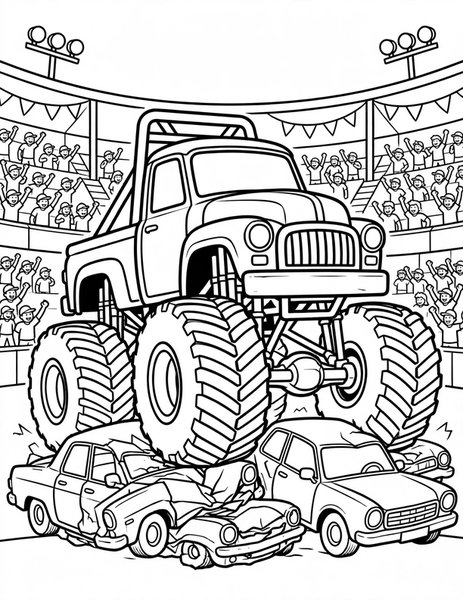 Monster Truck coloring page: A giant monster truck crushes cars at a show.