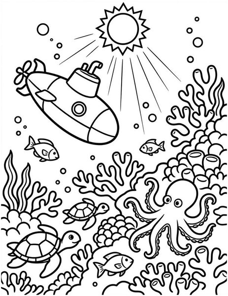 Submarine Dive coloring page: A submarine explores a coral reef.
