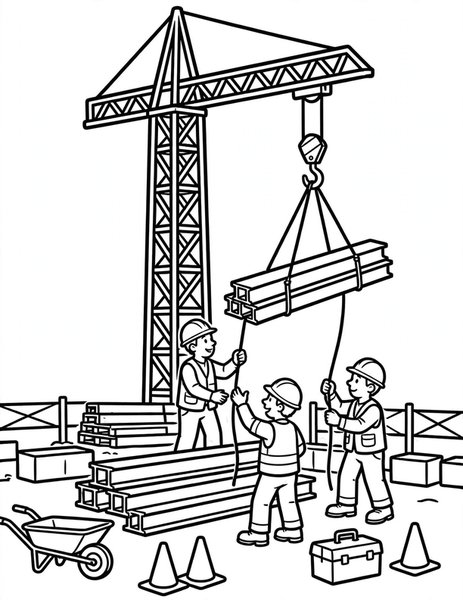 Crane Lift coloring page: A tall crane lifts beams at a building site.