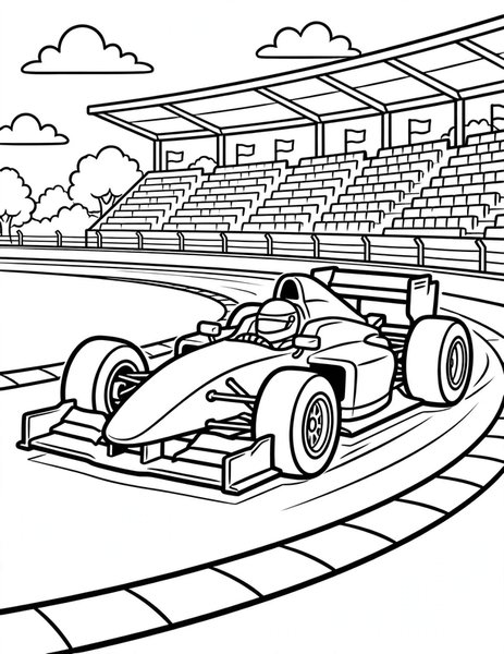 Formula 1 Racer coloring page: A Formula 1 race car speeds around the track.