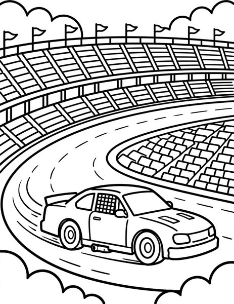 NASCAR Stock Car coloring page: A stock car roars around the oval.