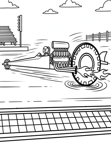Top Fuel Dragster coloring page: A dragster launches off the starting line.