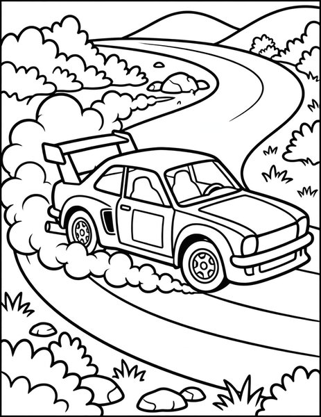 Rally Racer coloring page: A rally car kicks up dust on a dirt road.