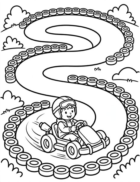 Go-Kart Racer coloring page: A kid zips around in a go-kart.