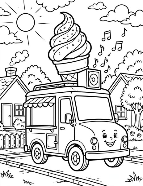 Ice Cream Truck coloring page: An ice cream truck plays music on a sunny street.