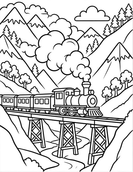 Steam Train coloring page: A steam train chugs through the mountains.
