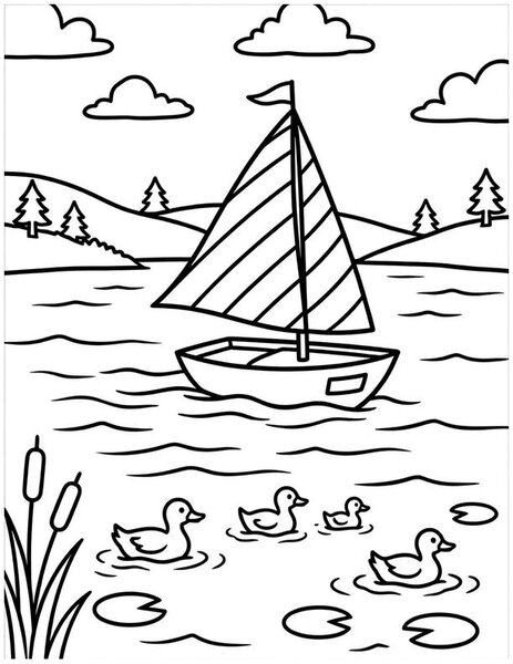 Sailboat Day coloring page: A sailboat glides across a calm lake.