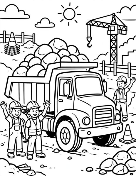 Dump Truck coloring page: A dump truck hauls rocks at a construction site.