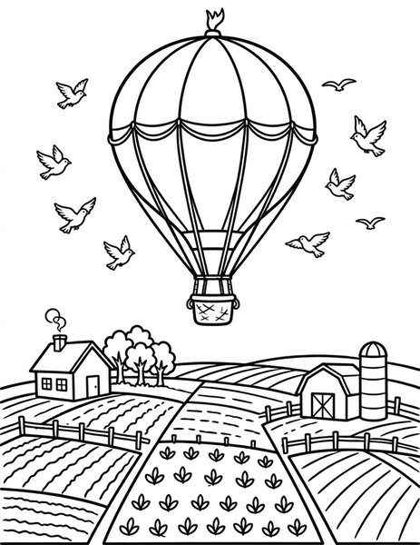 Hot Air Balloon coloring page: A colorful balloon floats over patchwork fields.