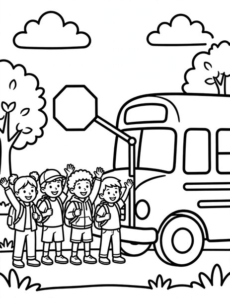 School Bus coloring page: A yellow school bus picks up happy kids.