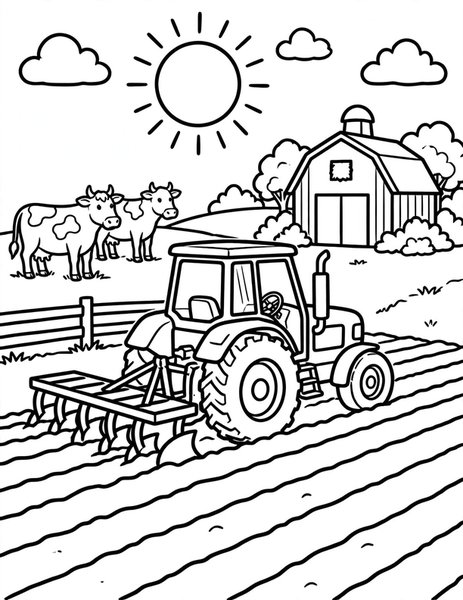 Tractor Time coloring page: A tractor plows neat rows on a farm.