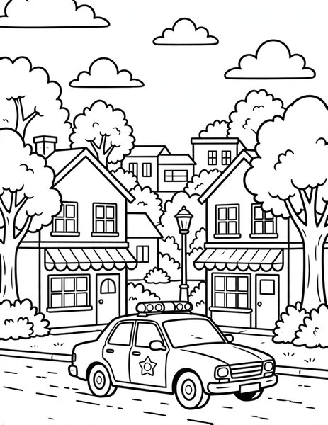 Police Car Patrol coloring page: A police car cruises through town keeping watch.