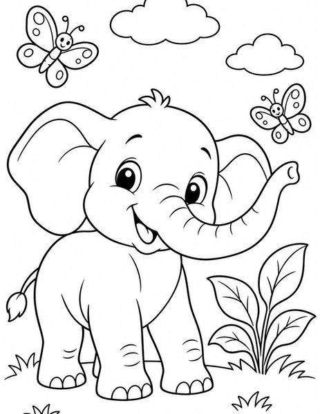 Elephant and Butterflies coloring page: A cheerful baby elephant enjoys a sunny meadow with friendly butterflies.