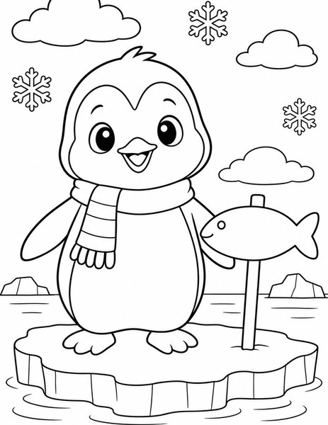Penguin on the Ice coloring page: A happy penguin stands on an ice floe beside a playful fish-shaped sign.