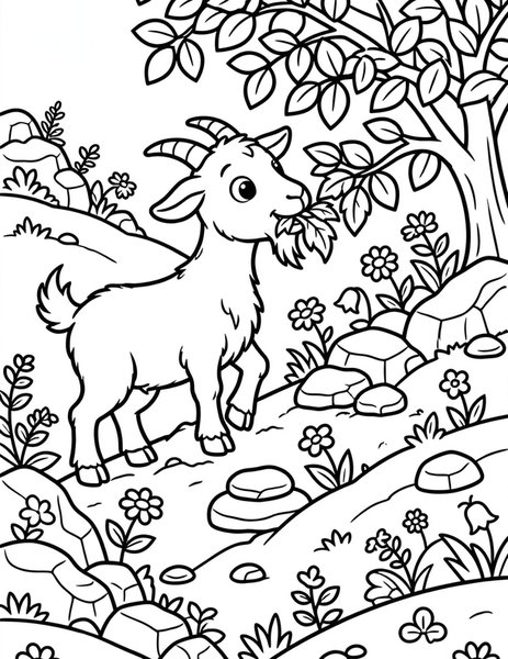 Hungry Goat coloring page: A curious goat nibbles leaves from a bush.