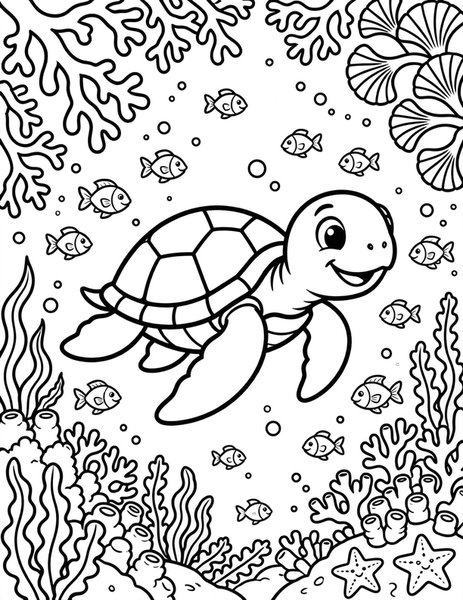 Sea Turtle Coral Reef coloring page: A smiling sea turtle swims through a coral reef.