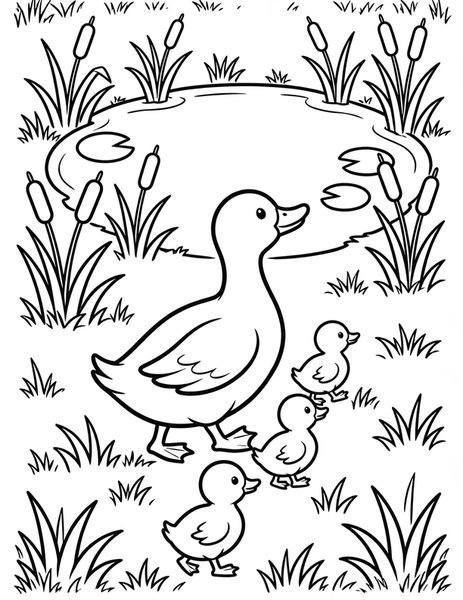 Waddling Duck coloring page: A duck leads her ducklings to the pond.