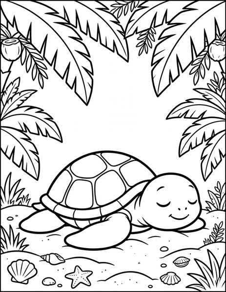 Sleepy Sea Turtle coloring page: A sleepy sea turtle naps on a sandy beach.