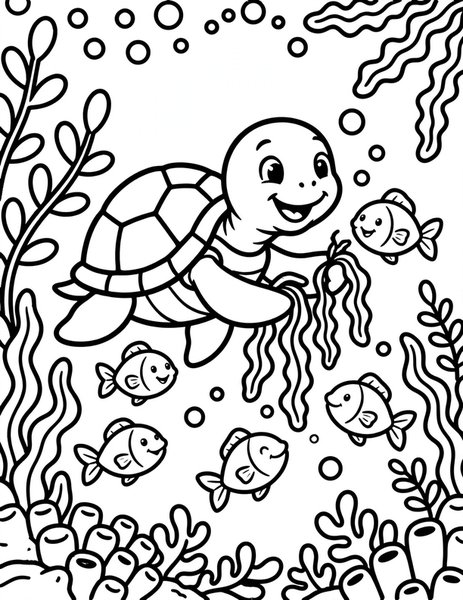 Sea Turtle Picnic coloring page: A sea turtle shares seaweed snacks with fish friends.