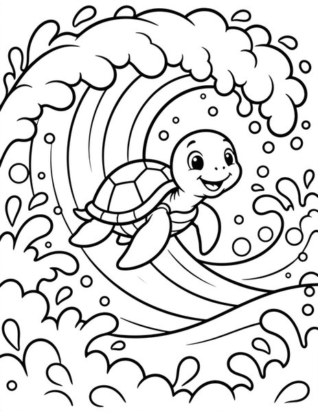 Sea Turtle Wave Ride coloring page: A sea turtle rides a big friendly ocean wave.