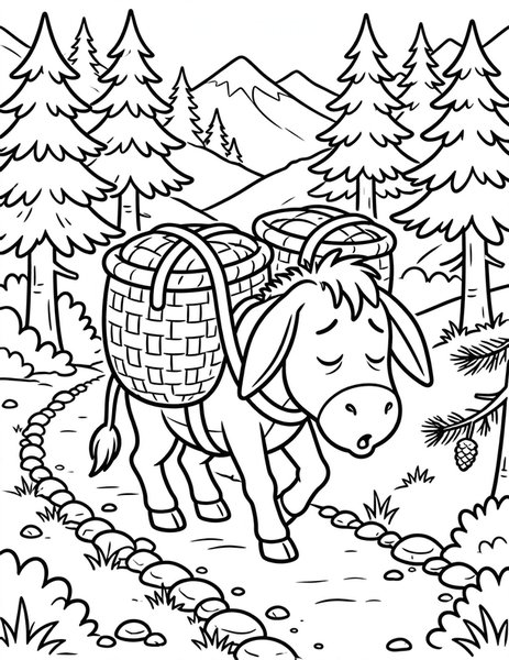 Stubborn Donkey coloring page: A gray donkey carries baskets on a trail.