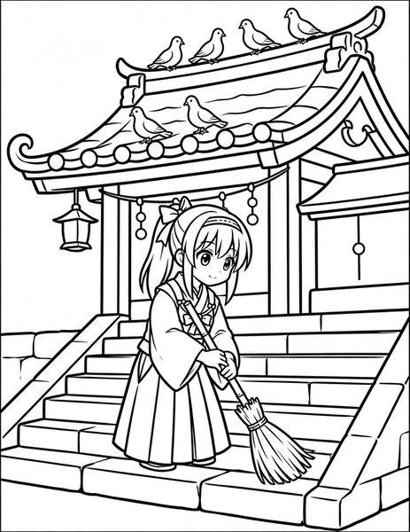 Shrine Maiden Morning coloring page: A shrine maiden sweeps the temple steps.