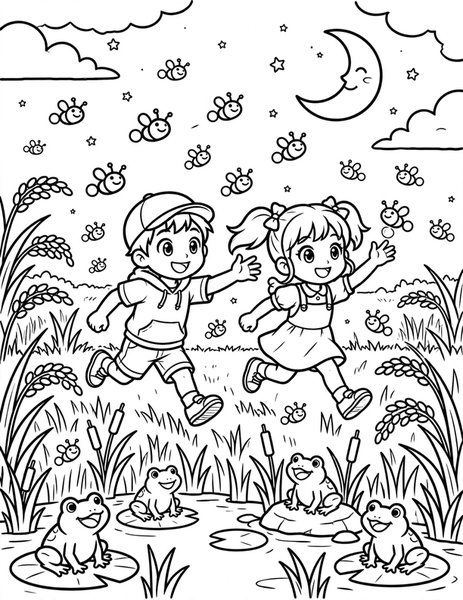 Firefly Summer Night coloring page: Kids chase fireflies in a rice field.