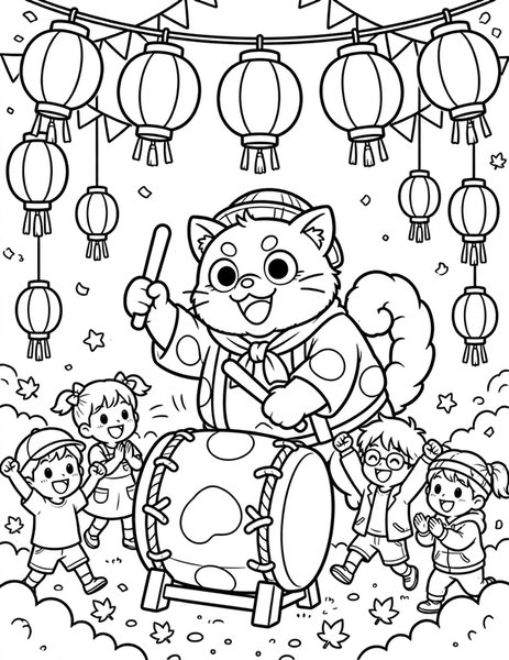 Tanuki Drum Parade coloring page: A tanuki taps a big drum.