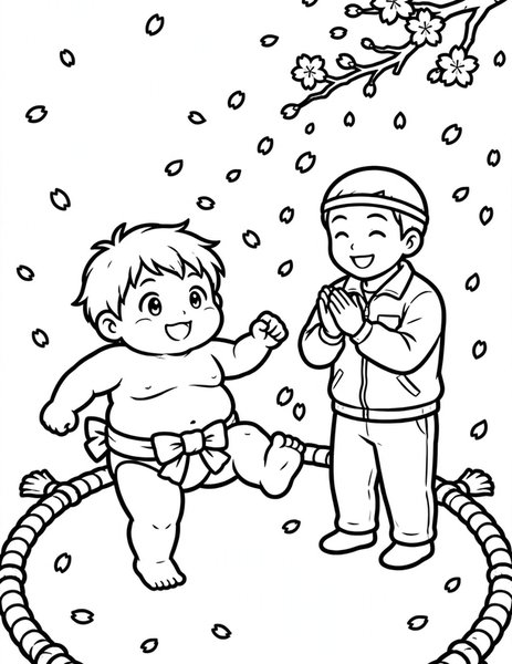 Sumo Cub Training coloring page: A chubby kid practices sumo stomps.