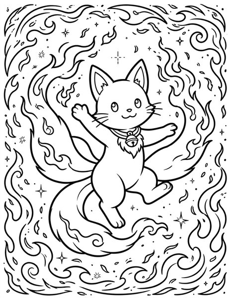 Kitsune Fire Dance coloring page: A fox spirit dances with flames.
