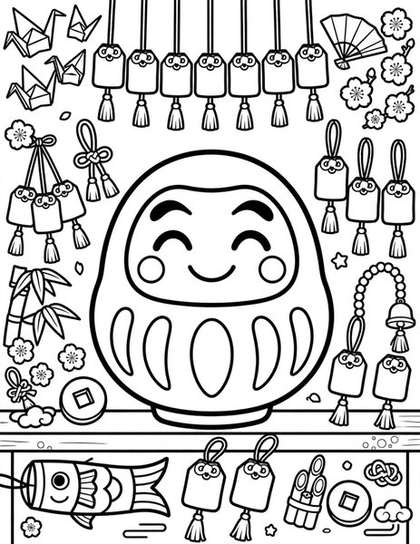Daruma Wish Shop coloring page: A round daruma doll smiles.