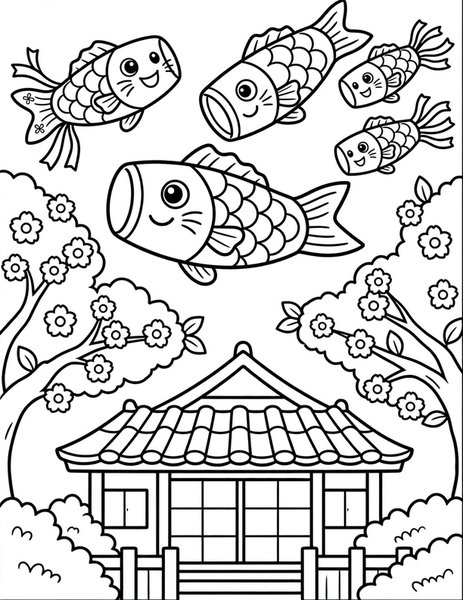 Koinobori Sky coloring page: Carp streamers swim in the sky.