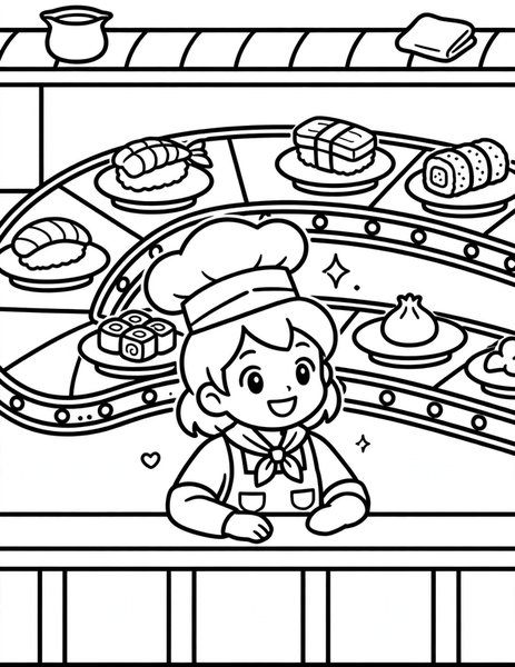 Sushi Train Ride coloring page: Plates of sushi zoom by.