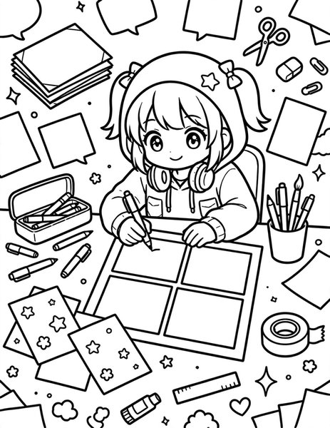 Manga Artist Desk coloring page: An artist draws manga panels.
